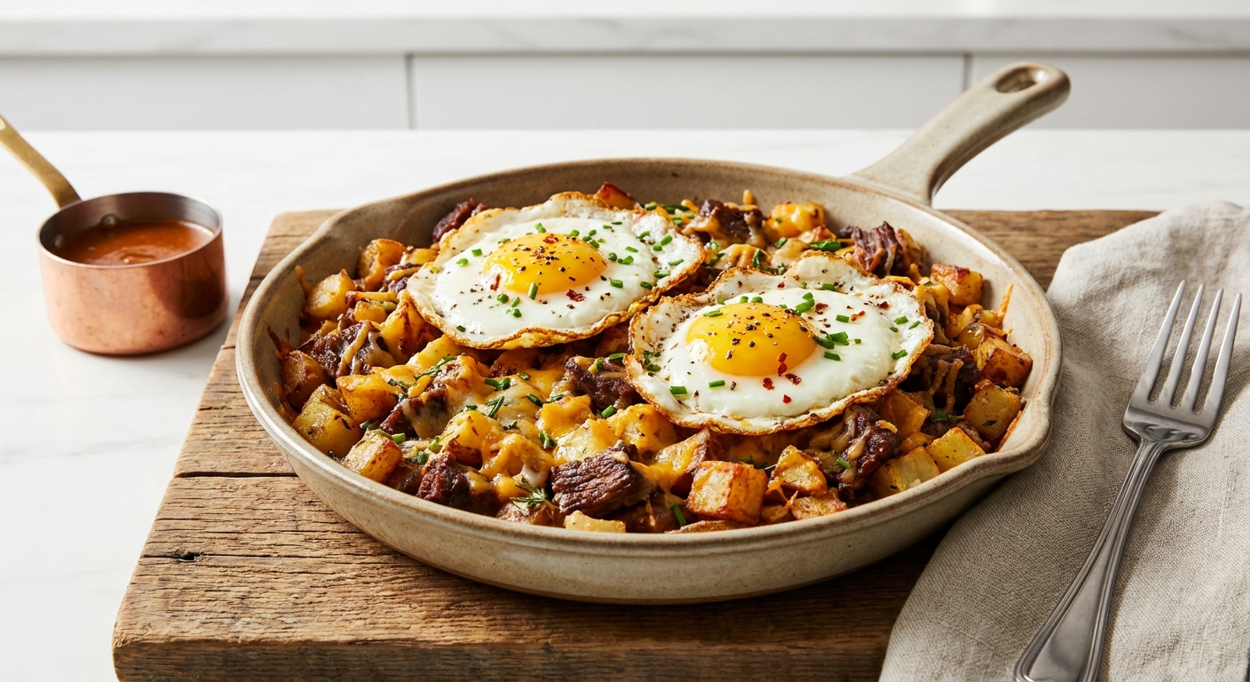 Cheesy Beef & Potato Breakfast Hash with Garlic-Fried Eggs