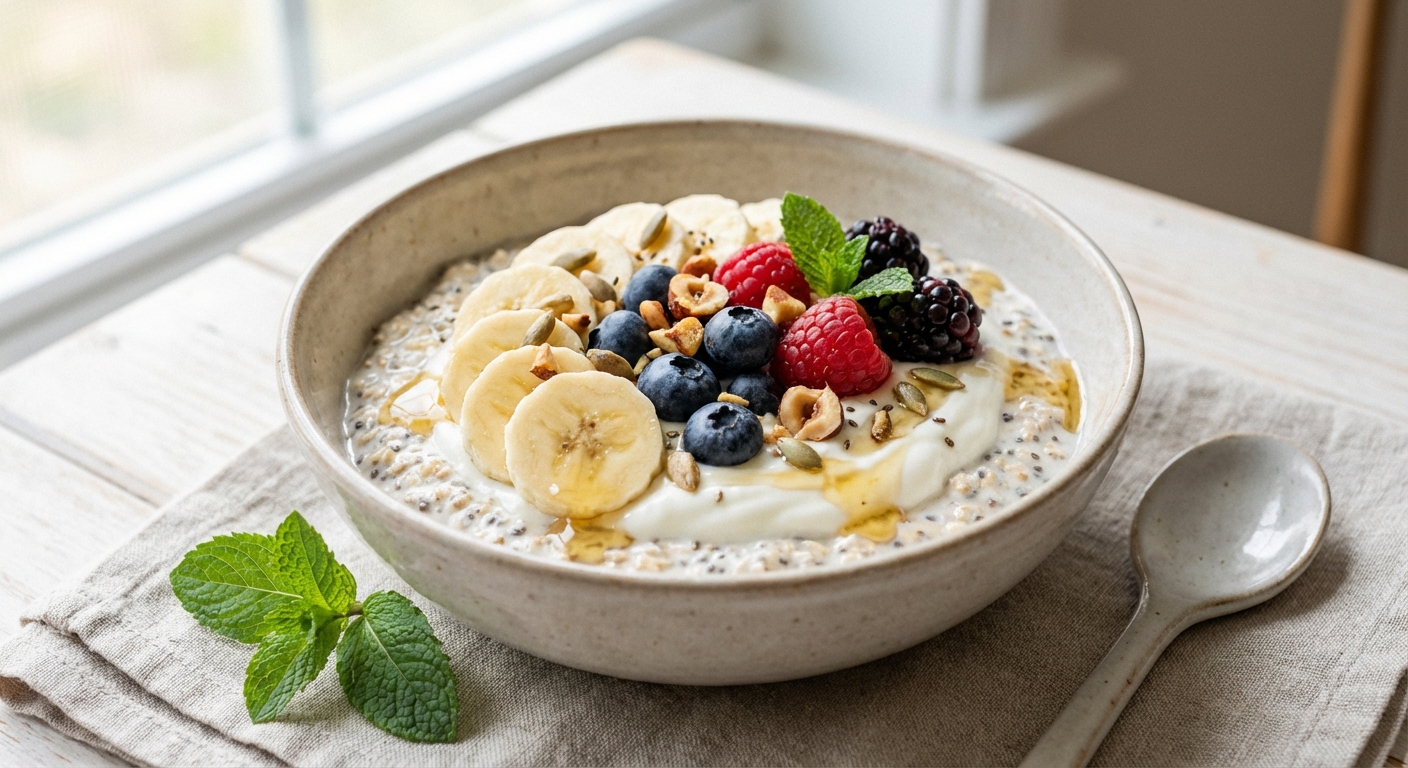Overnight Oats with Greek Yogurt, Banana & Berries