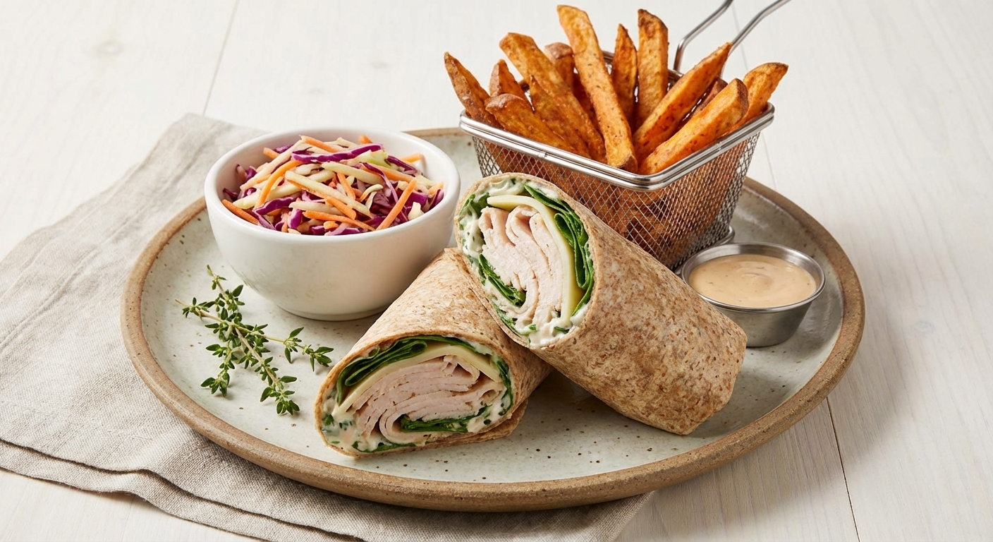 Turkey & Swiss Whole-grain Wraps with Apple Slaw and Baked Sweet Potato Fries