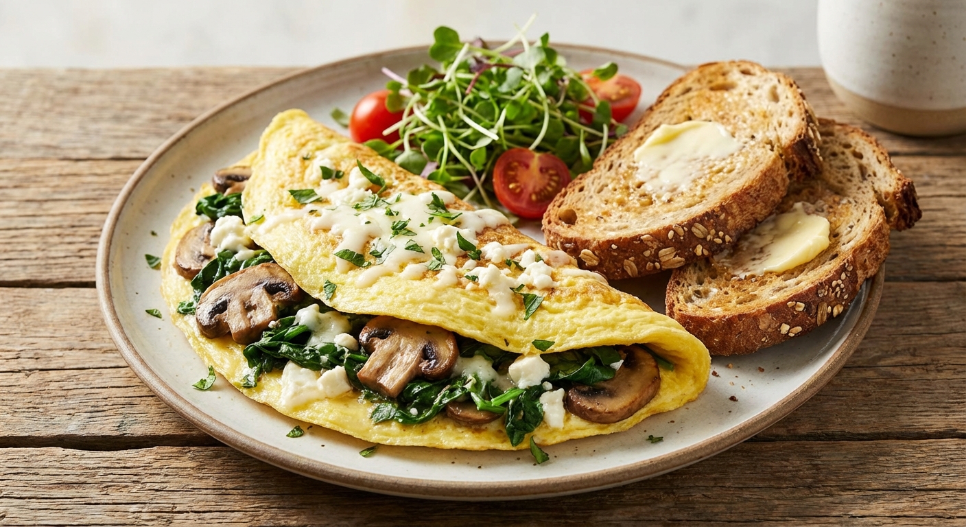 Spinach & Mushroom Omelette with Feta and Whole-Grain Toast - Delicious Homemade Recipe