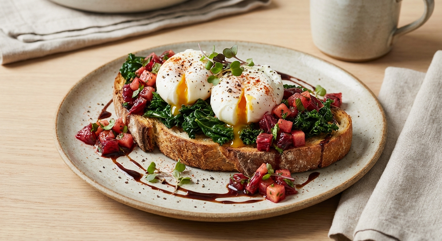 Smoky Sherry-Poached Eggs on Toasted Sourdough with Wilted Winter Kale & Blood Orange Salsa