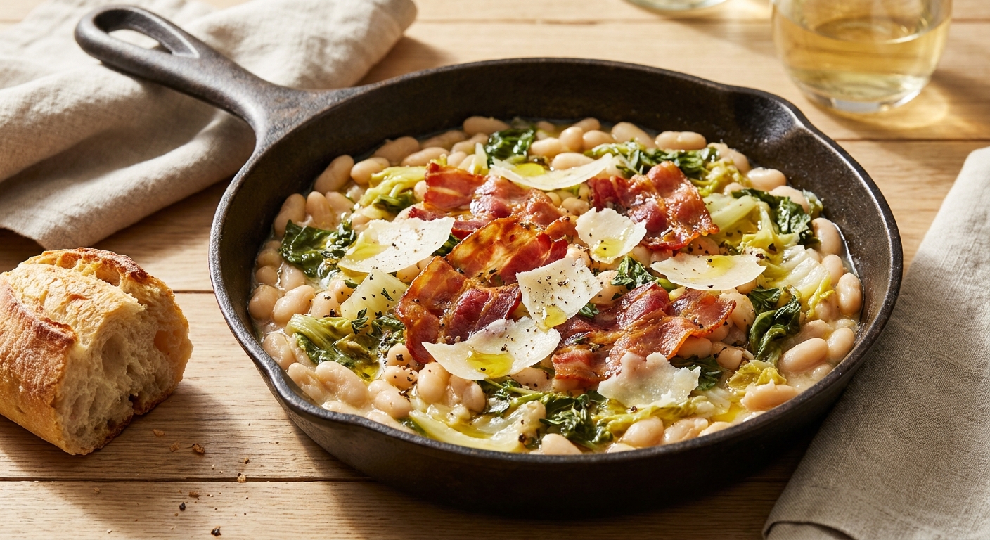 Skillet-Braised Cannellini Beans & Escarole with Crispy Pancetta and Parmesan