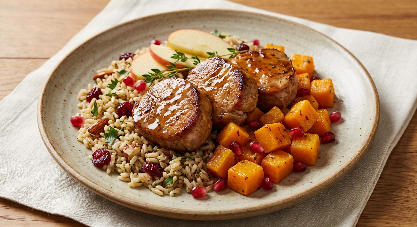 Cider-Braised Pork Tenderloin Medallions with Herbed Brown Rice Pilaf & Roasted Butternut