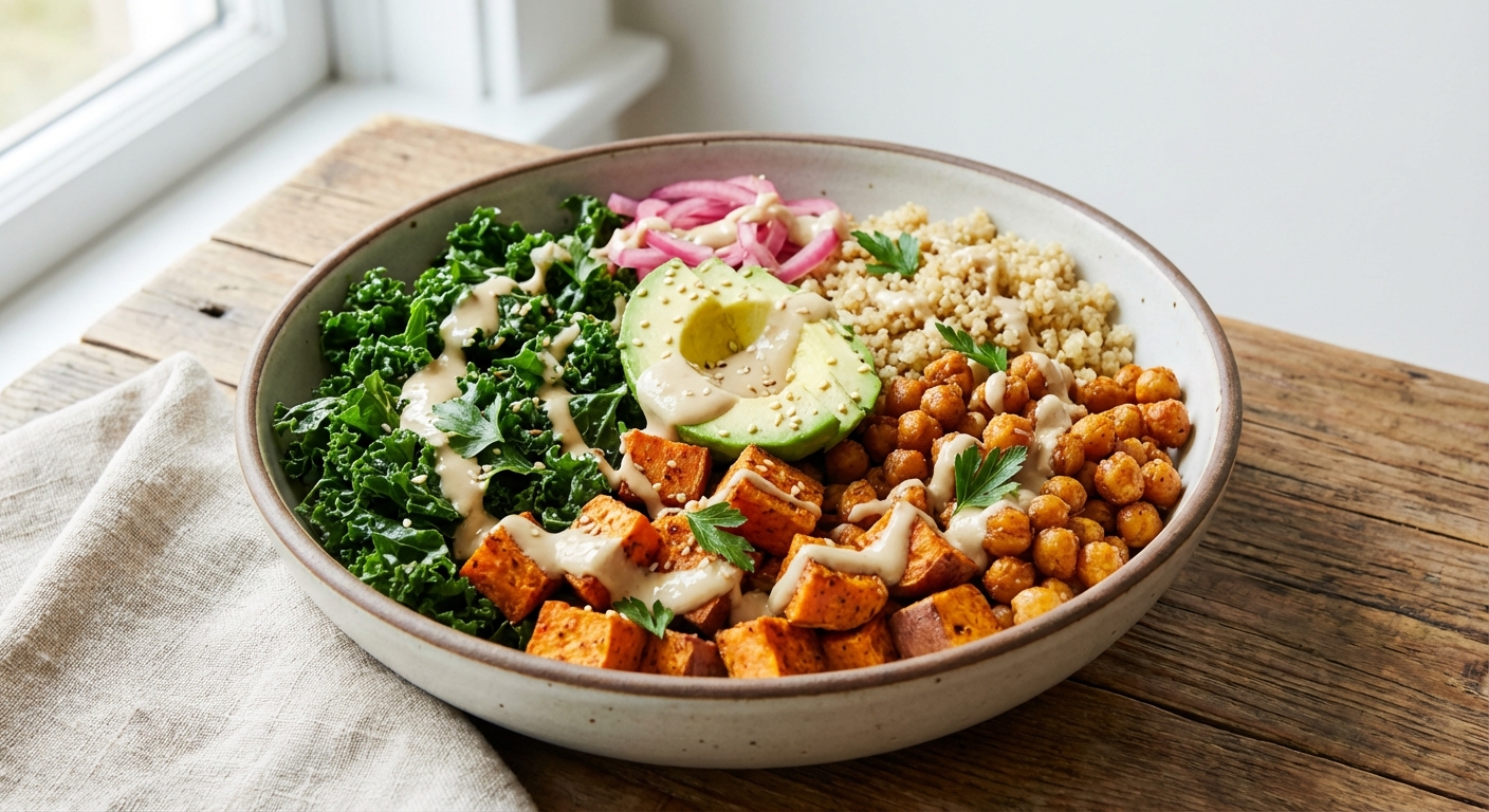 Chickpea & Roasted Sweet Potato Buddha Bowl with Tahini Dressing