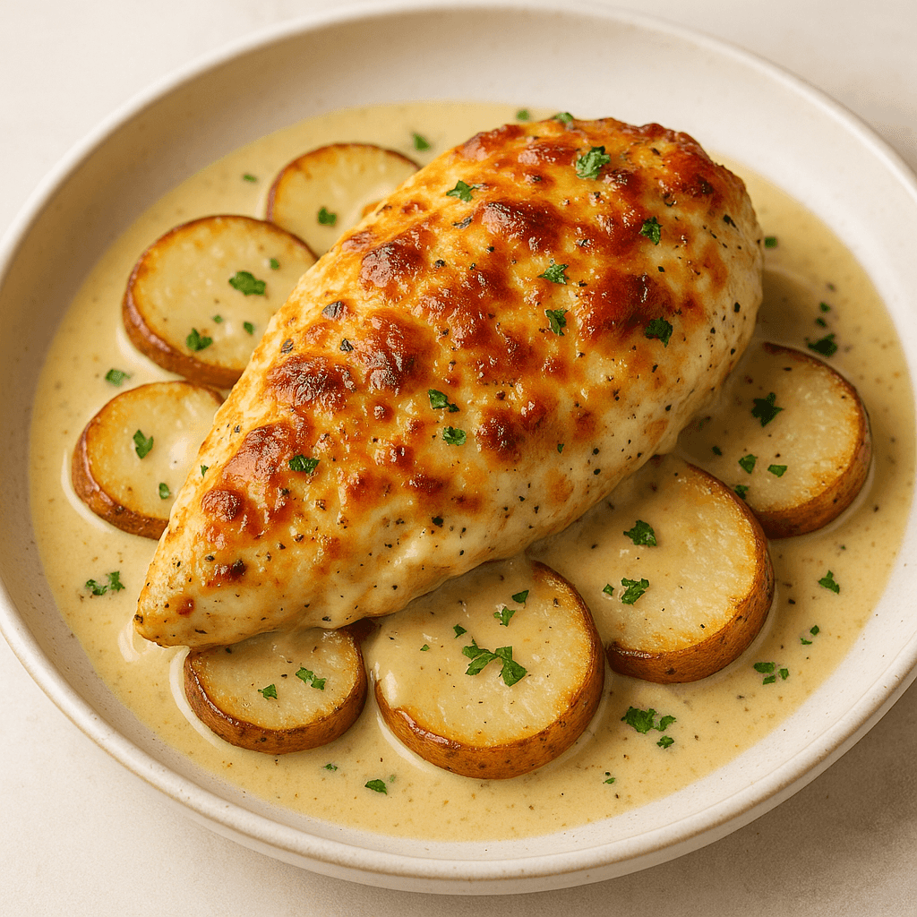 Creamy Garlic Cheesy Chicken & Potatoes