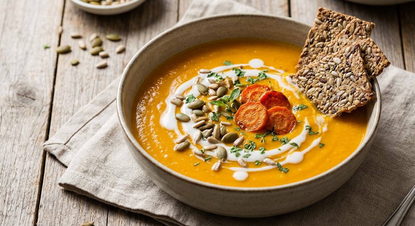 Lentil & Roasted Carrot Soup with Gluten-Free Seed Crackers