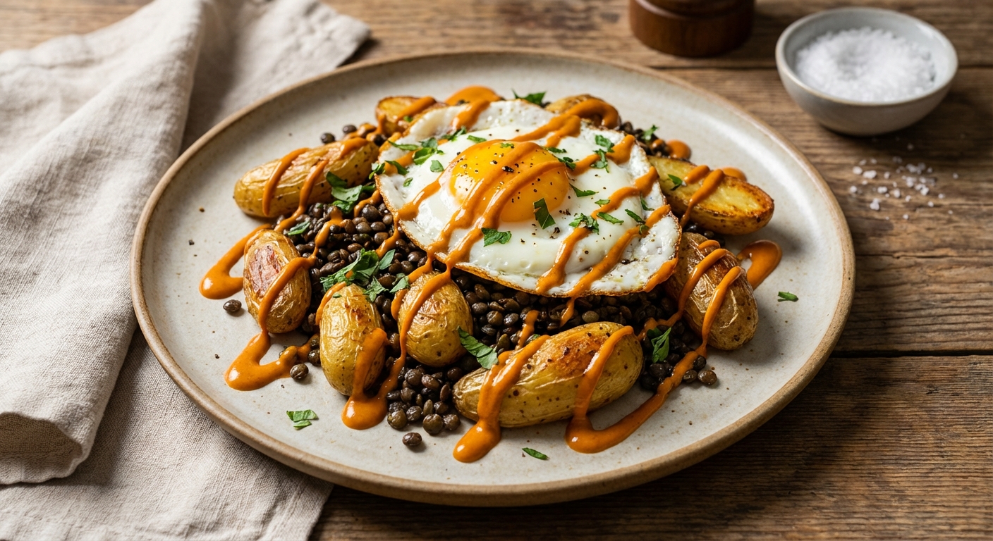 Roasted Fingerling Potato & Puy Lentil Breakfast Hash with Burnt‑Orange Tahini Drizzle