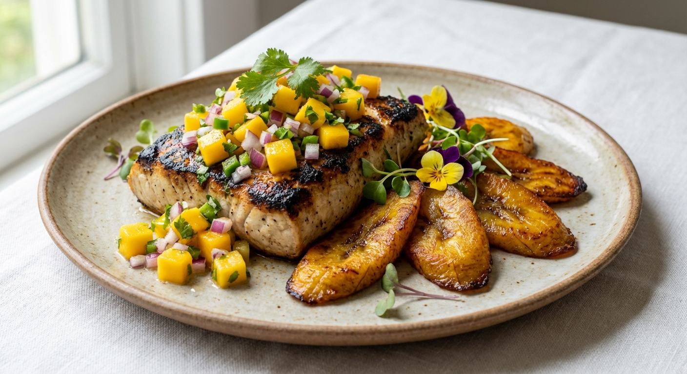Grilled Mahi-Mahi with Fresh Mango Salsa & Roasted Plantains