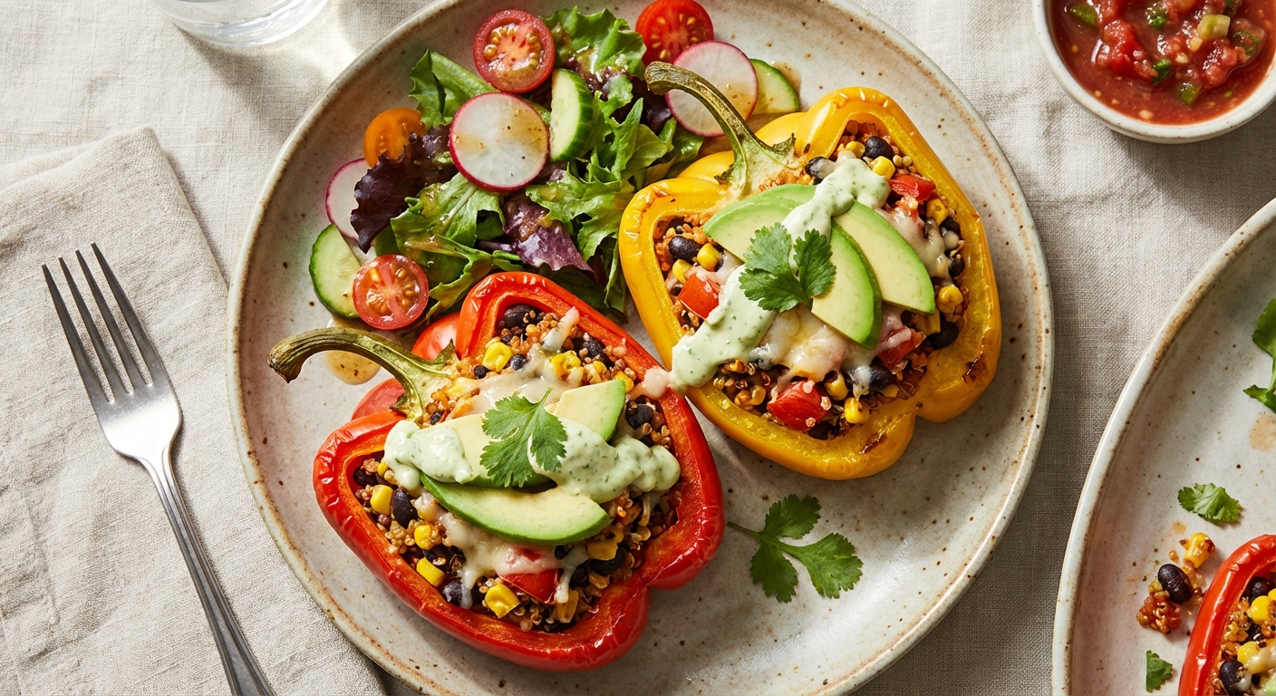 Quinoa & Black-Bean Stuffed Bell Peppers with Side Salad