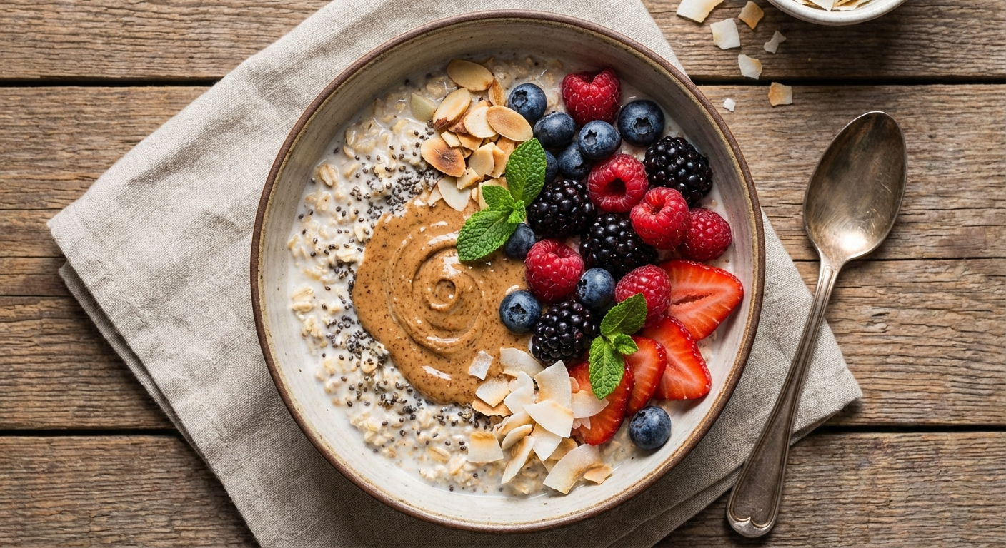 Soy Overnight Oats with Chia, Almond Butter & Berries