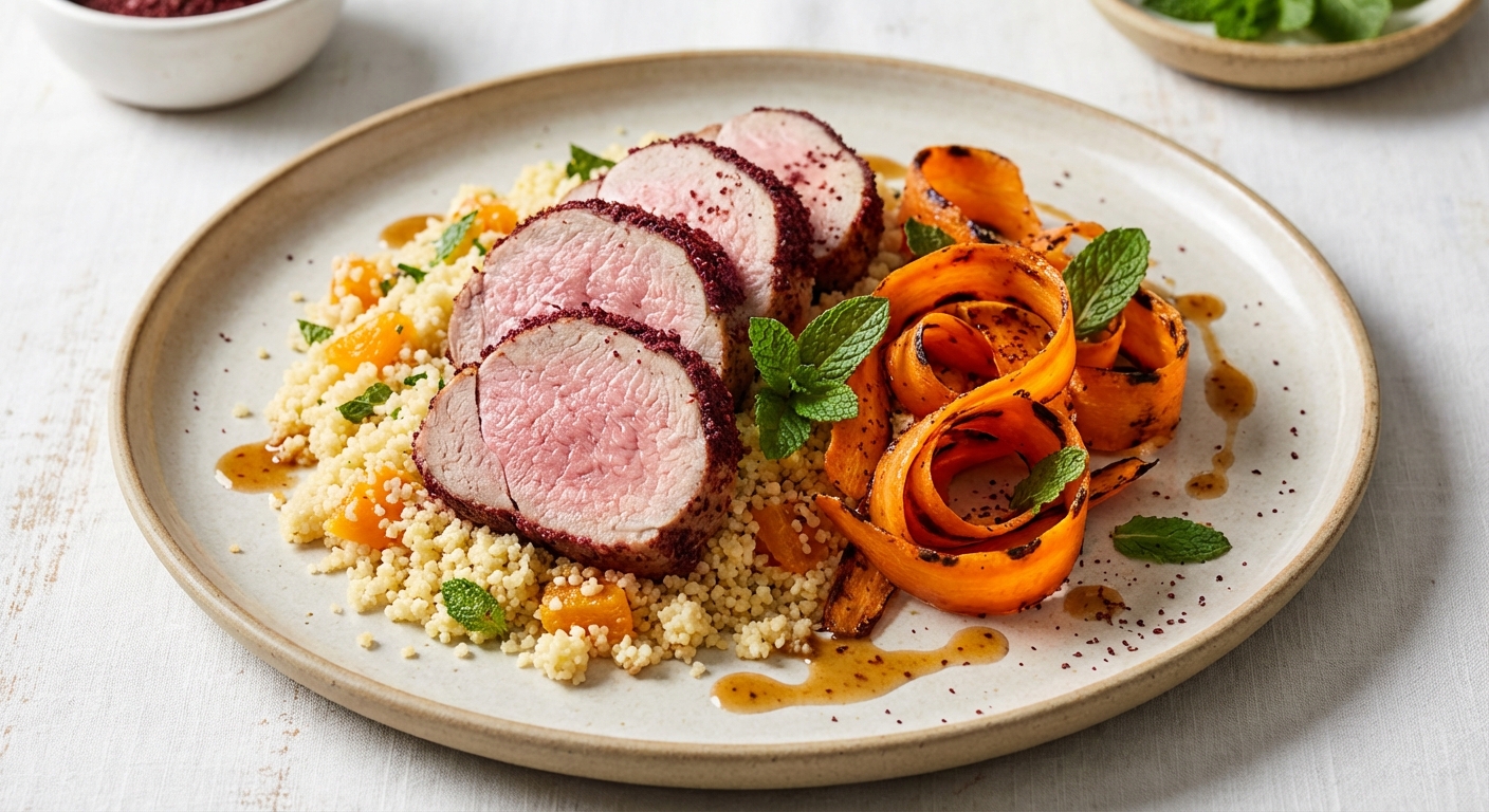 Sumac-Roasted Pork Tenderloin with Apricot‑Mint Couscous & Charred Carrot Ribbons