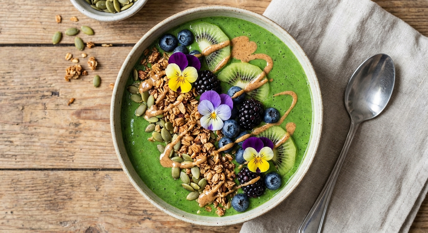 Green Berry Smoothie Bowl with Granola & Pumpkin Seeds