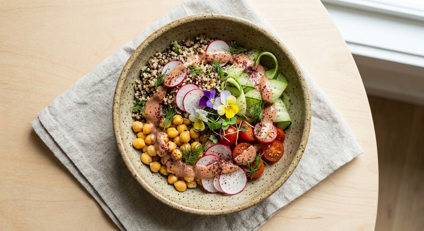 Bright Lemon‑Herb Chickpea & Raw Summer Vegetable Quinoa Salad with Smoky Sumac Yogurt