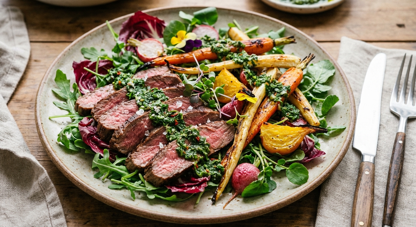 Grilled Flank Steak Salad with Roasted Root Vegetables & Chimichurri