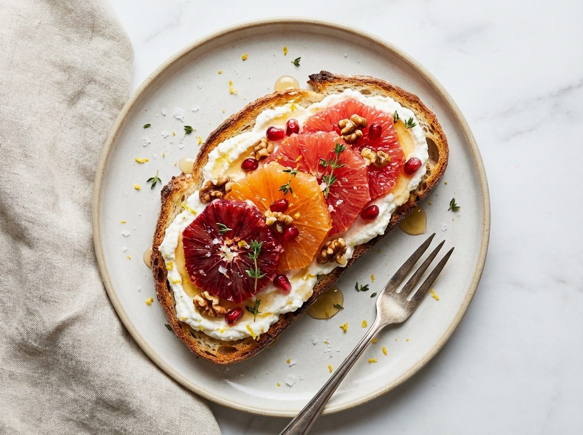 Winter Citrus Ricotta Toast with Pomegranate, Toasted Walnuts & Thyme