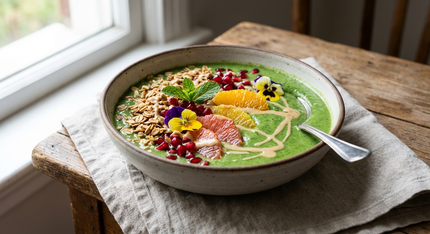 Citrus-Kale Tahini Smoothie Bowl with Oats & Pomegranate
