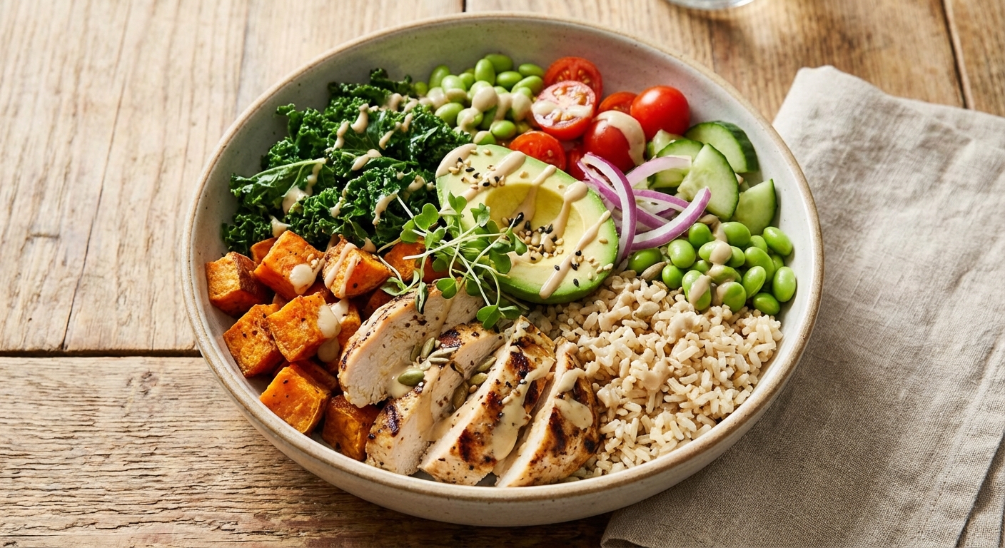 Chicken Buddha Bowl with Grilled Chicken, Brown Rice, Roasted Sweet Potato, and Kale