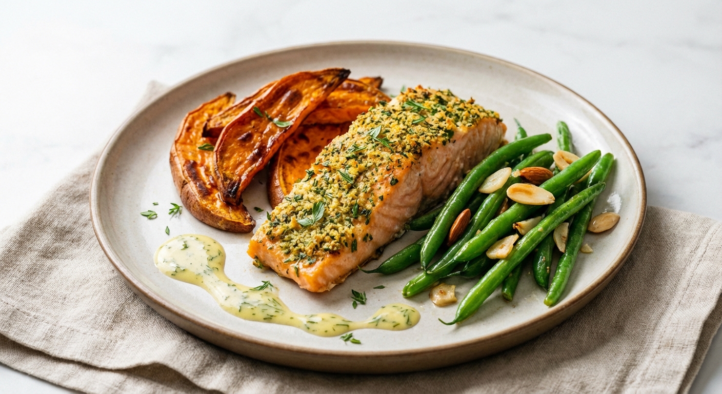 Baked Salmon with Roasted Sweet Potato & Sautéed Green Beans