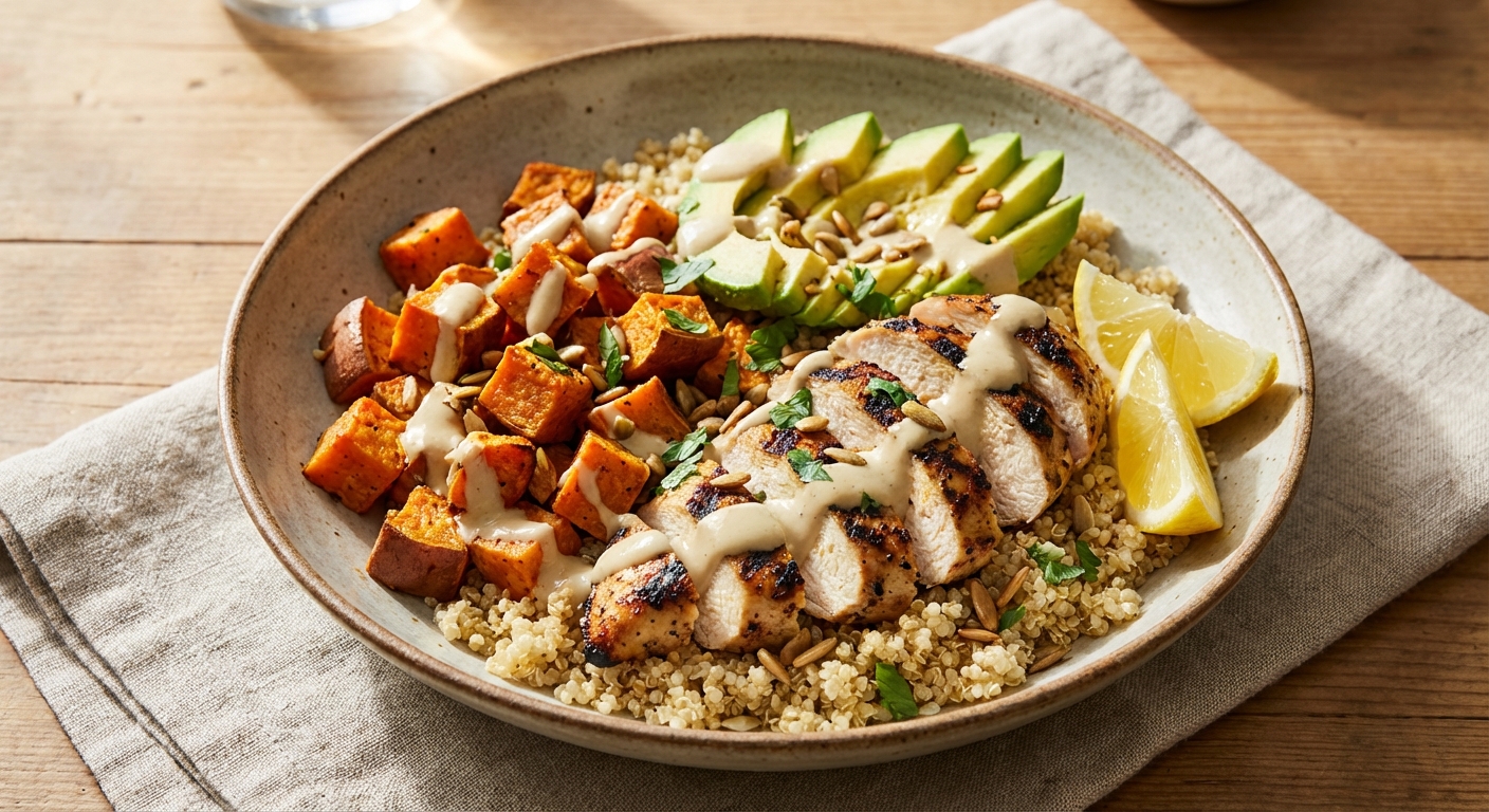 Grilled Chicken & Quinoa Bowl with Roasted Sweet Potato, Avocado & Tahini-Lemon Dressing