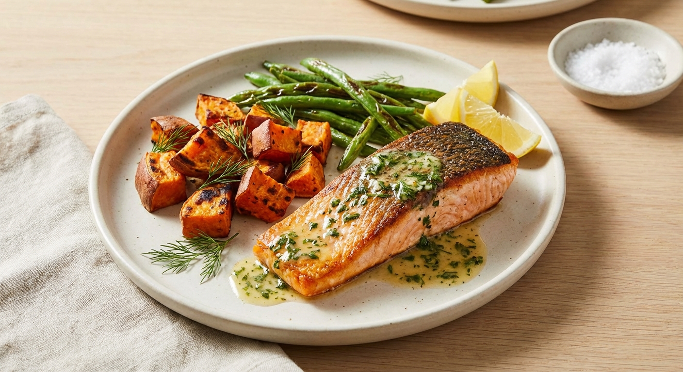 Pan-Seared Salmon with Roasted Sweet Potato & Green Beans