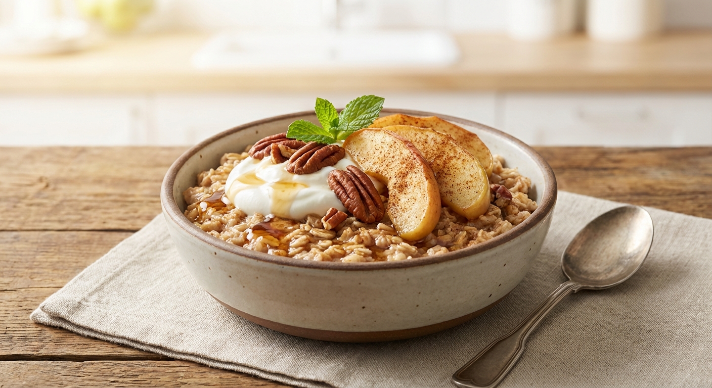 Baked Cinnamon Apple Oatmeal with Pecans & Greek Yogurt