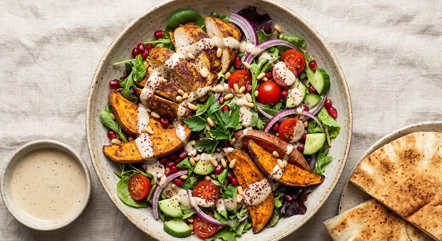 Middle-Eastern Chicken Shawarma Salad with Tahini Dressing and Roasted Sweet Potato