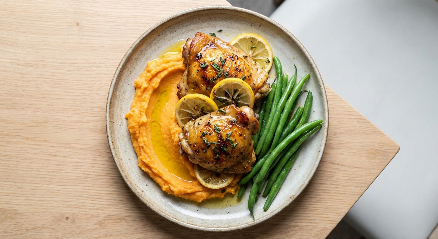 Lemon-Herb Roasted Chicken Thighs with Creamy Mashed Sweet Potato & Blanched Green Beans