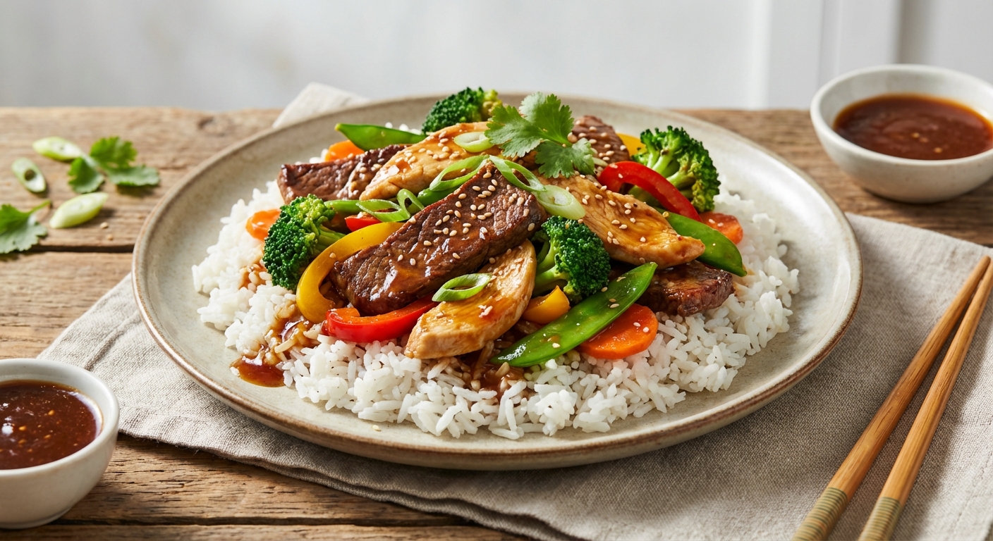 Hearty Beef and Chicken Stir-Fry with Rice