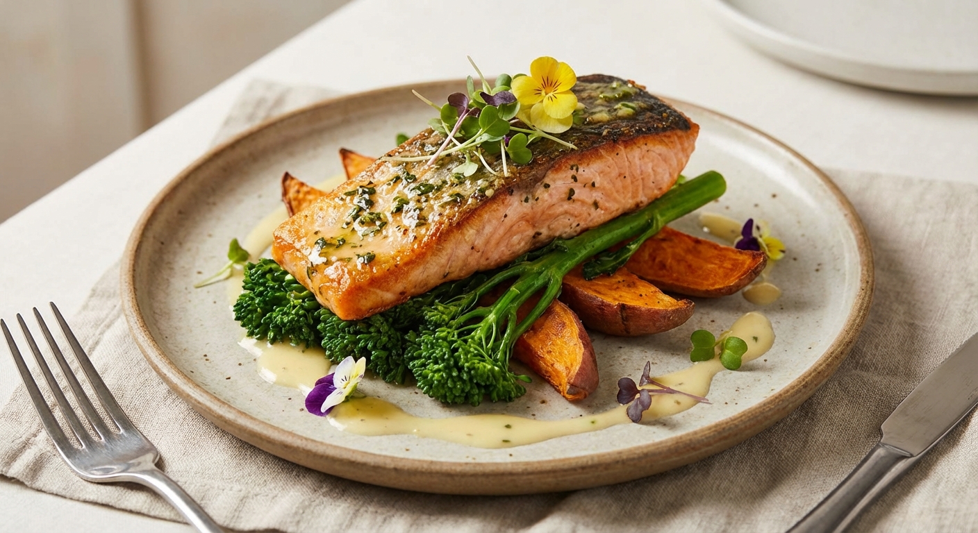 Baked Salmon with Roasted Sweet Potato & Steamed Broccolini
