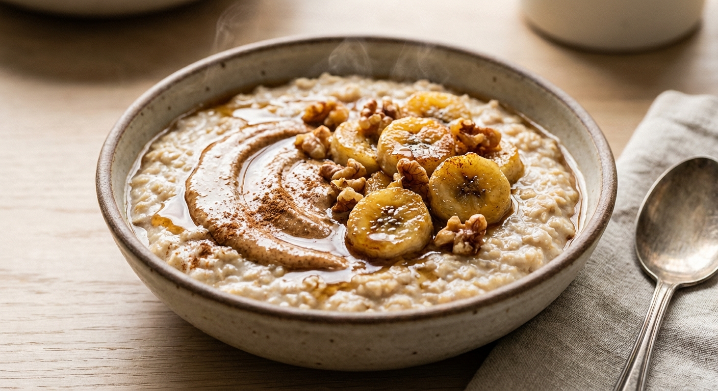 Creamy Stovetop Oatmeal with Almond Butter, Banana & Walnuts