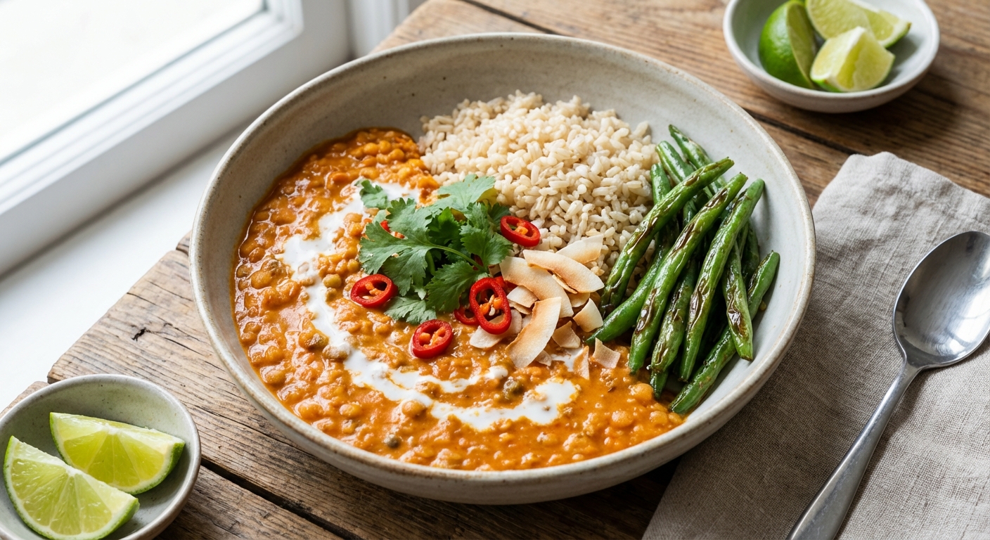 Red Lentil & Coconut Curry with Brown Rice and Steamed Green Beans