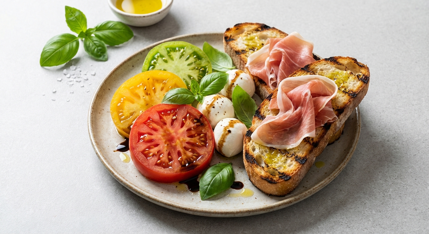 Insalata Caprese with Grilled Ciabatta & Prosciutto