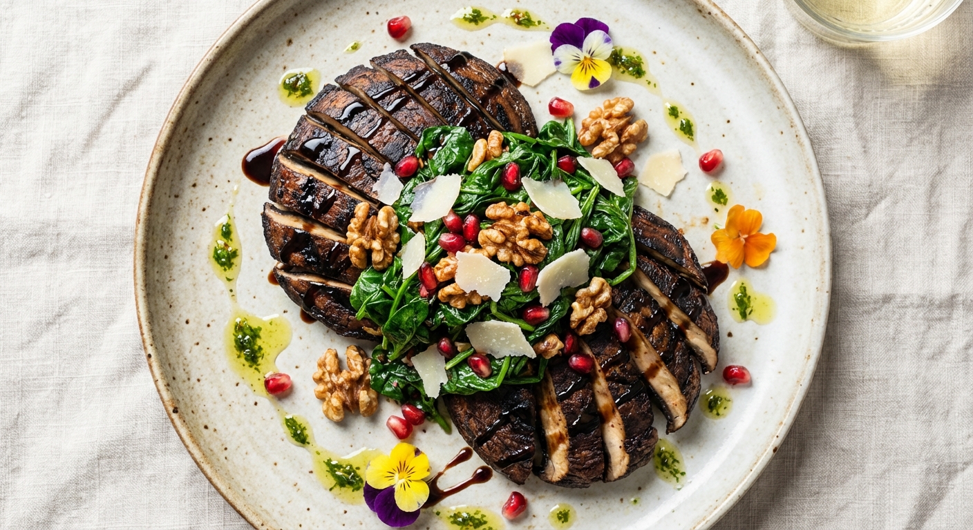 Grilled Portobello 'Steaks' with Garlic Spinach & Walnut Salad