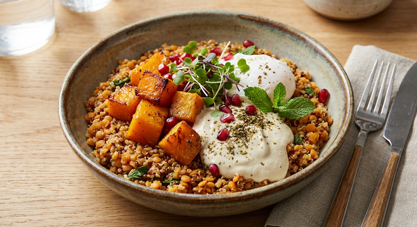 Warm Red Lentil & Quinoa Breakfast Bowl with Roasted Butternut, Tahini‑Yogurt & Za'atar