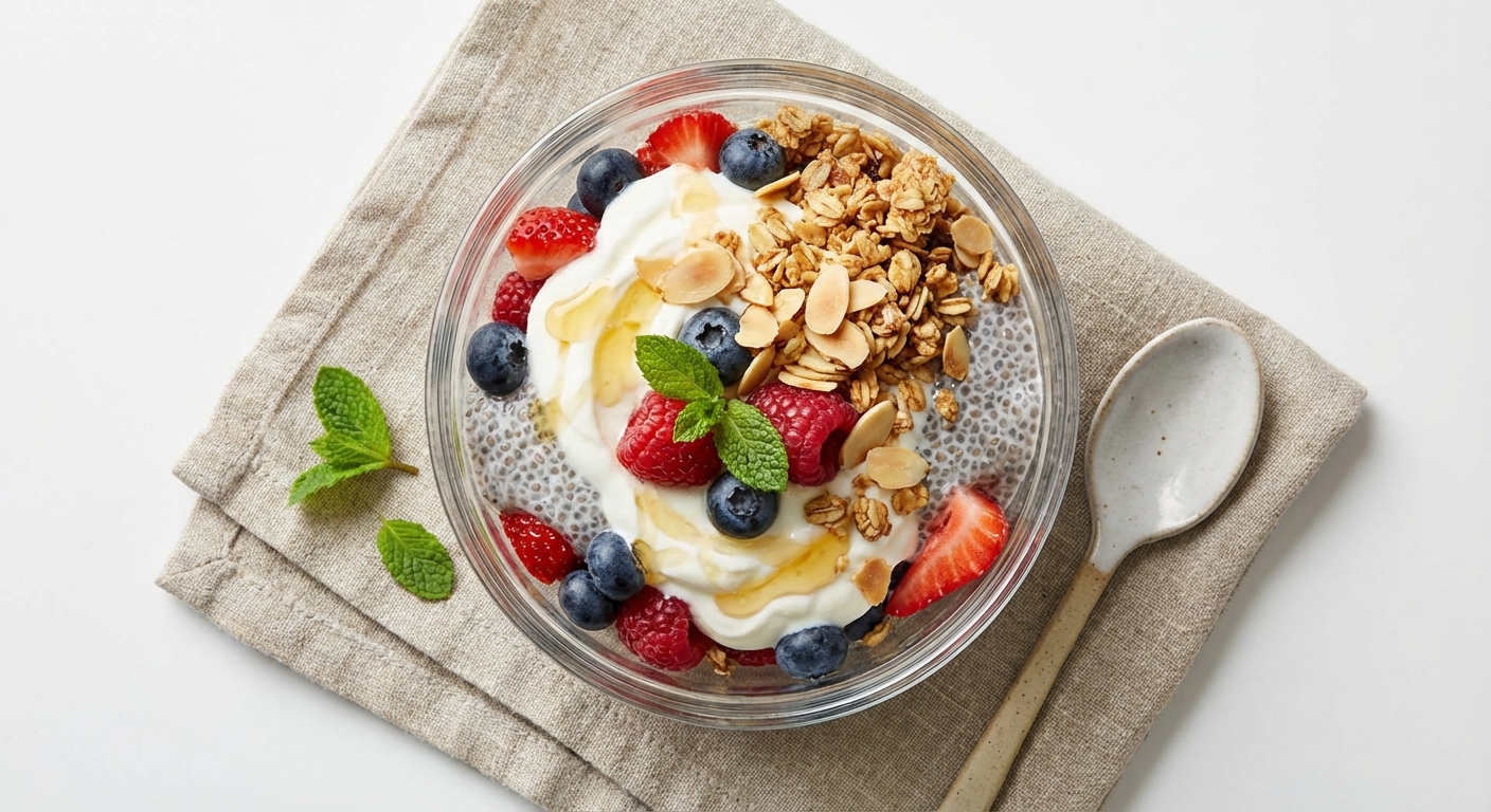 Greek Yogurt & Berry Parfait with Chia, Low-Sugar Granola & Toasted Almonds