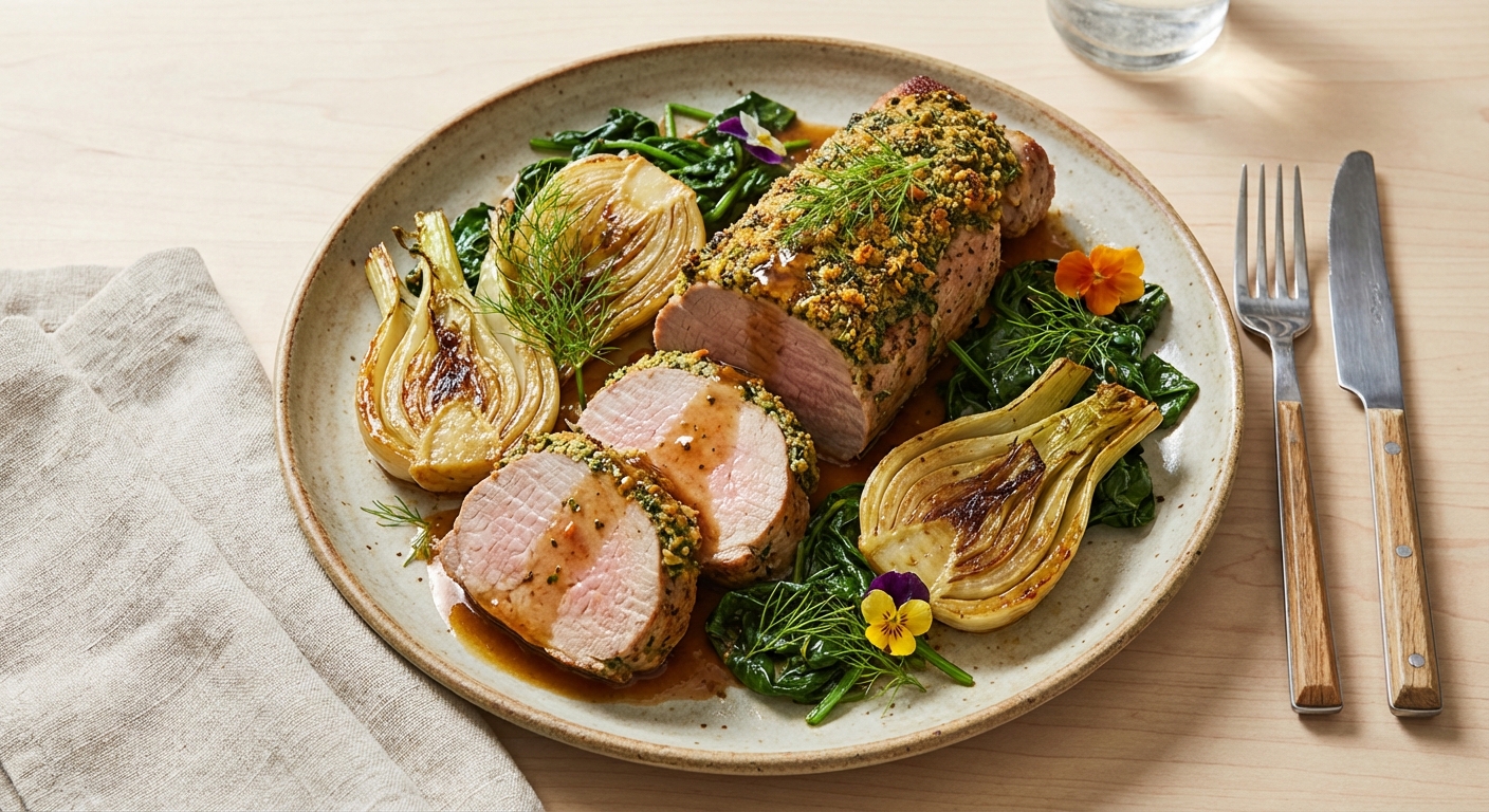 Herb‑Crusted Pork Tenderloin with Roasted Fennel & Sautéed Spinach