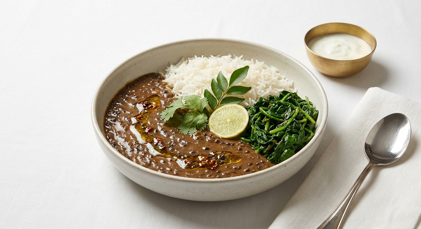 Black Beluga Dal Tadka with Wilted Spinach and Steamed Basmati