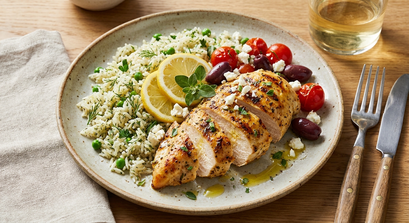 Mediterranean Lemon‑Oregano Chicken with Herbed Rice (Low‑Fat)