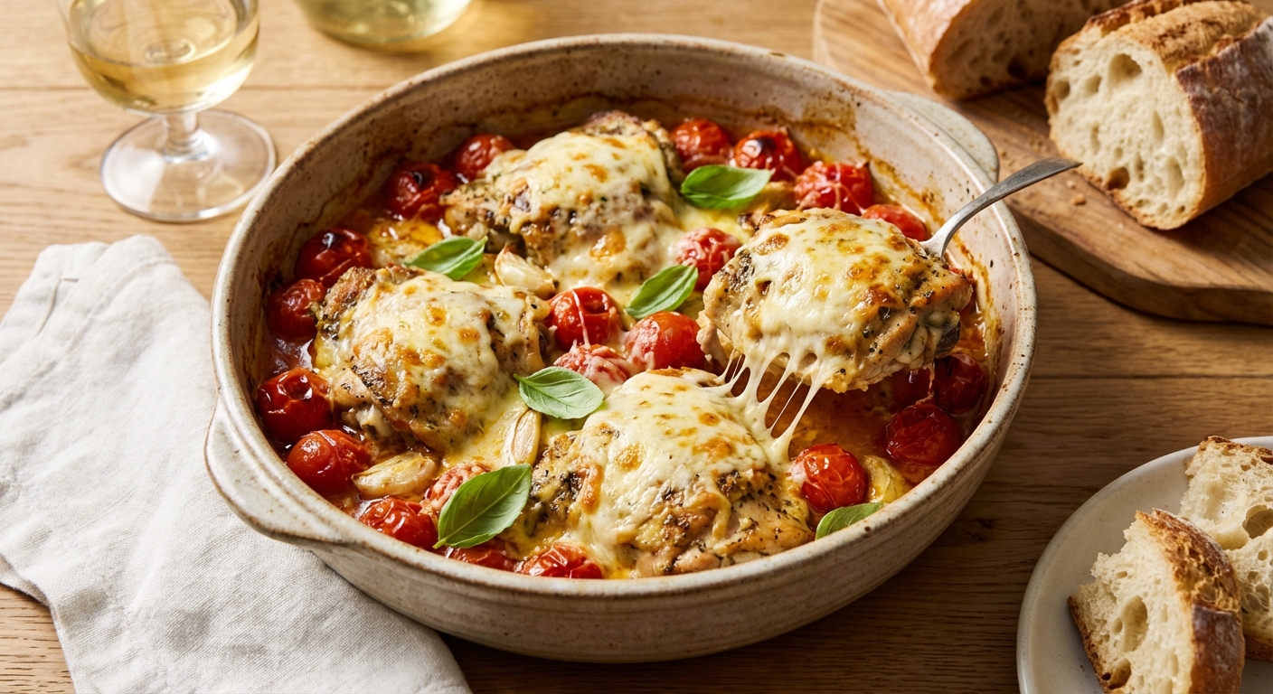 Cheesy Garlic Chicken Tomato Bake