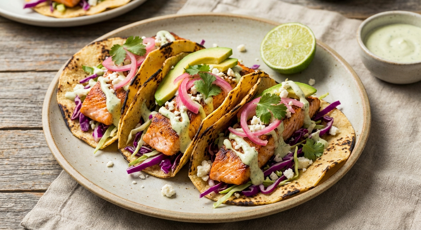 Pan-seared Salmon Tacos with Cabbage Slaw & Lime Crema