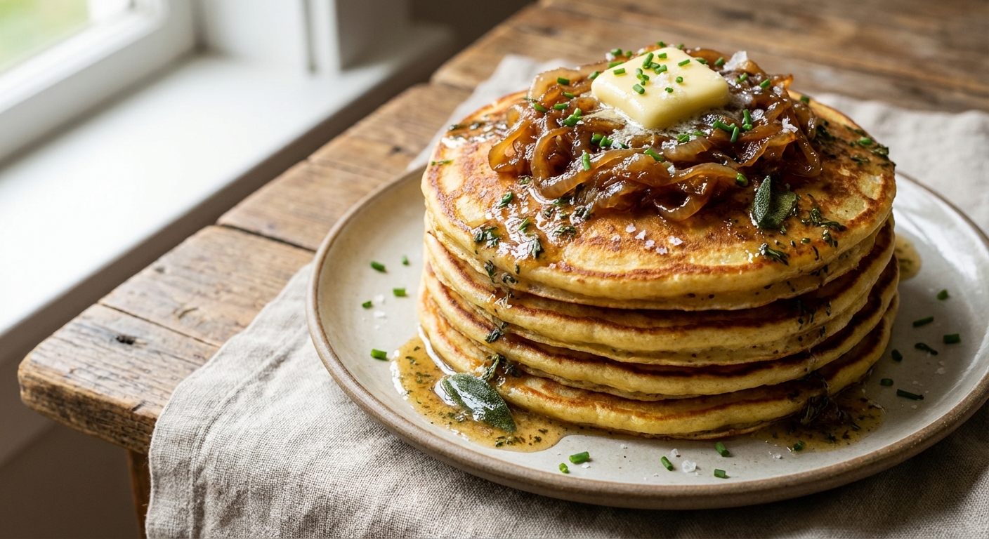 Savory Egg & Flour Pancake Stack with Caramelized Onions and Herbed Brown Butter