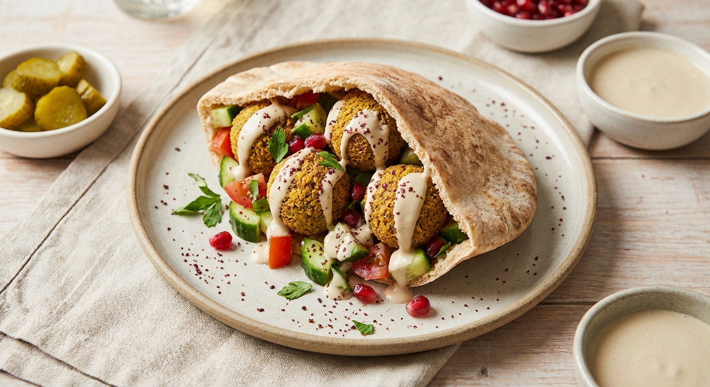 Falafel Pita with Tahini & Cucumber-Tomato Salad