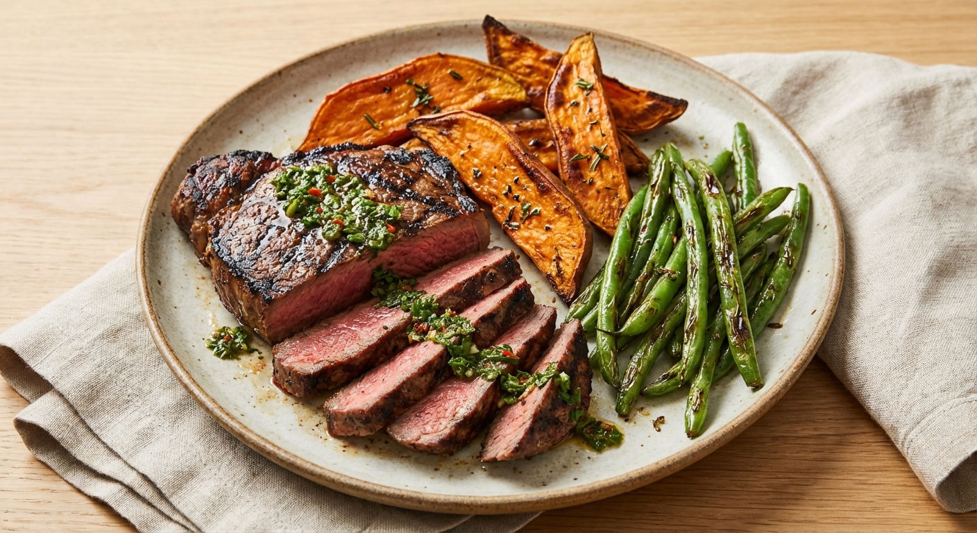 Grilled Sirloin Steak with Roasted Sweet Potatoes & Green Beans
