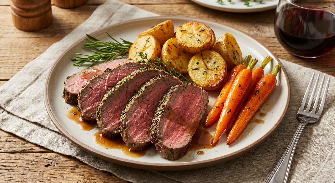 Garlic Herb Roast Beef with Roast Potatoes & Glazed Carrots