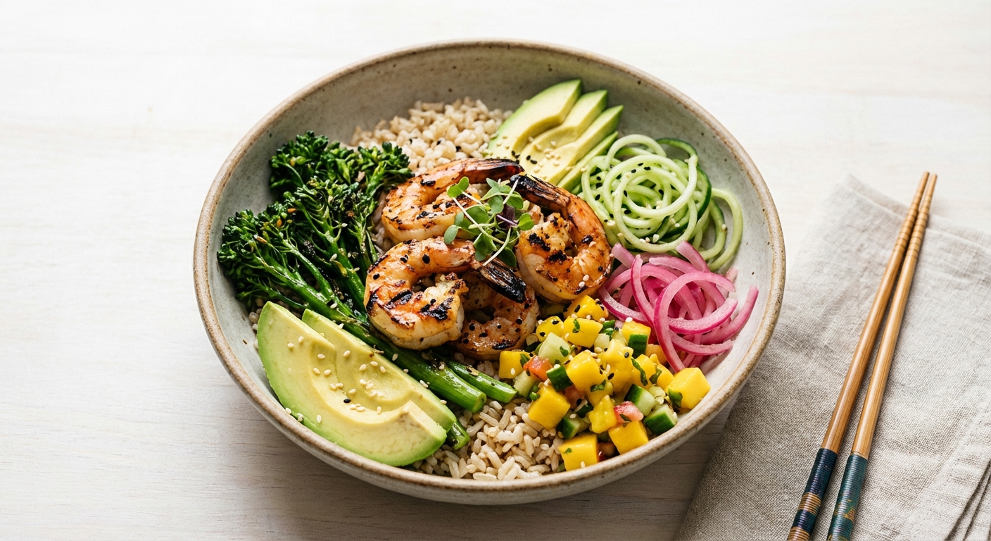 Grilled Shrimp Buddha Bowl with Brown Rice