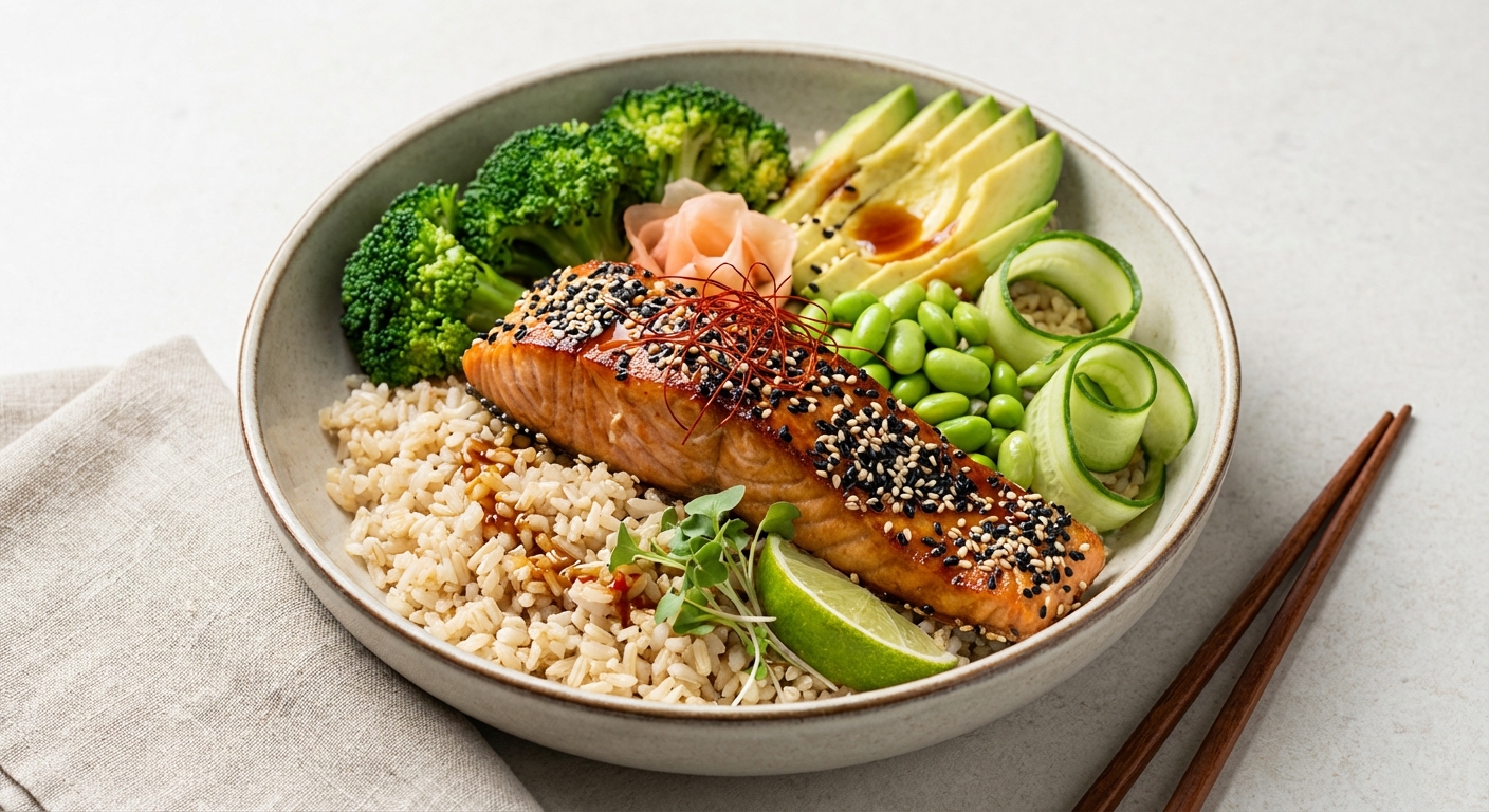 Sesame Salmon Bowl with Brown Rice & Steamed Broccoli