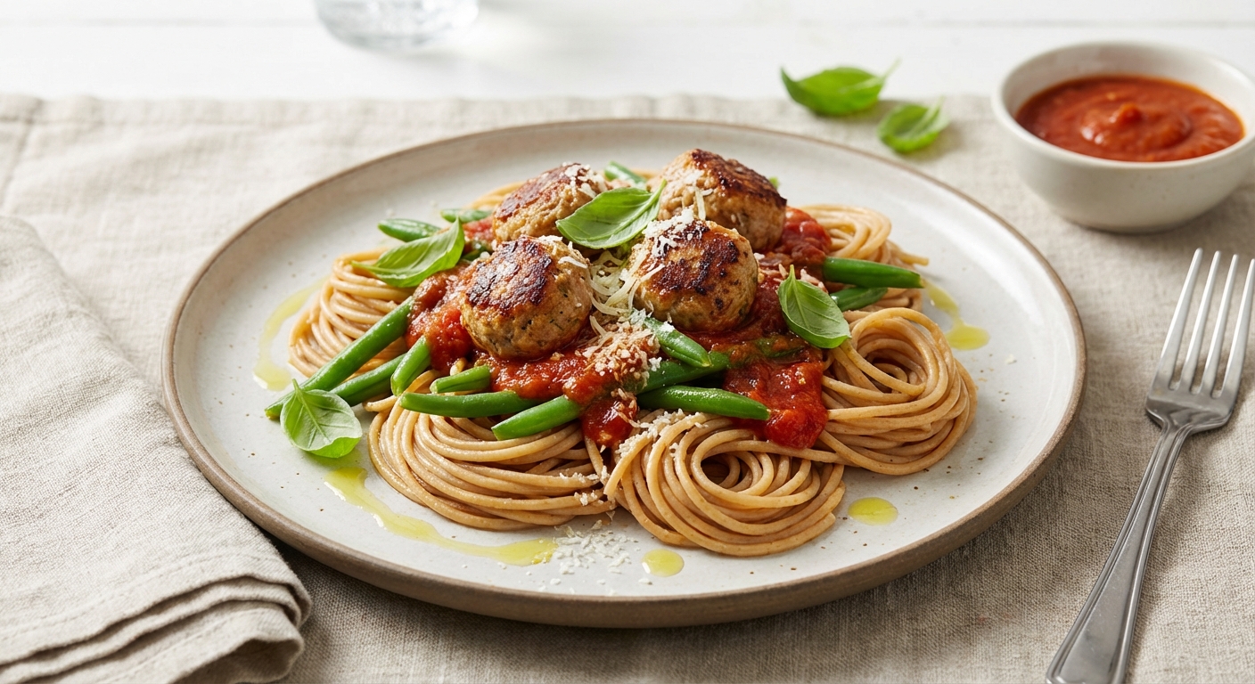 Whole-Wheat Spaghetti with Turkey Meatballs & Green Beans