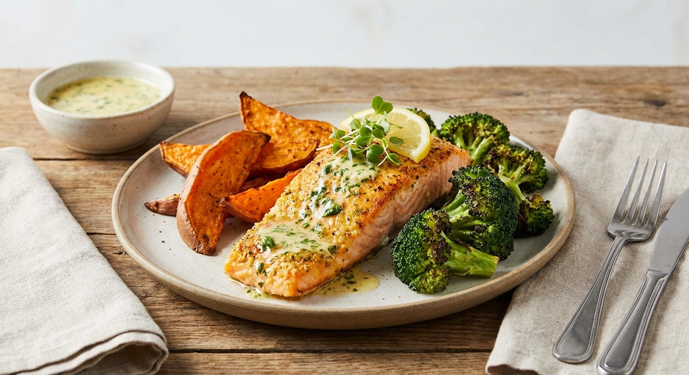 Baked Salmon with Roasted Sweet Potato & Broccoli