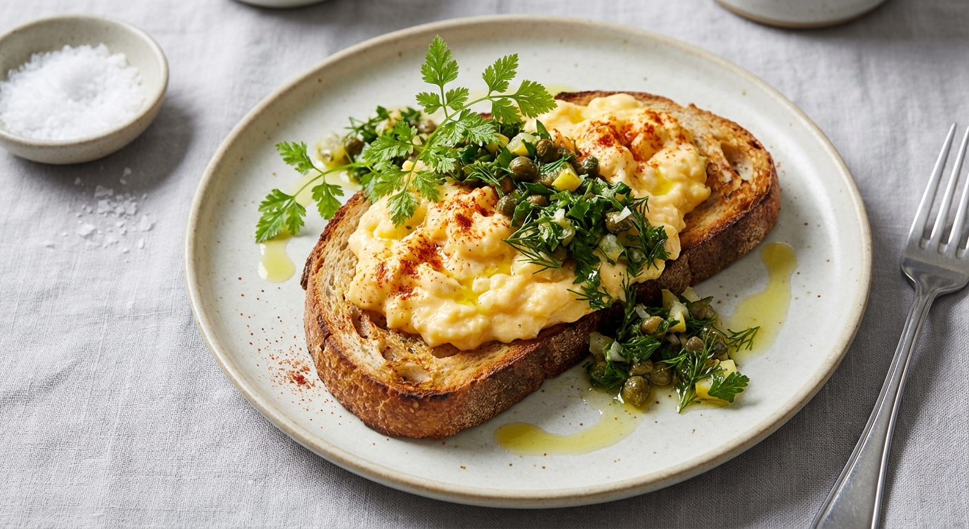 Smoky Soft-Scrambled Eggs on Sourdough with Winter Herb & Lemon Salsa