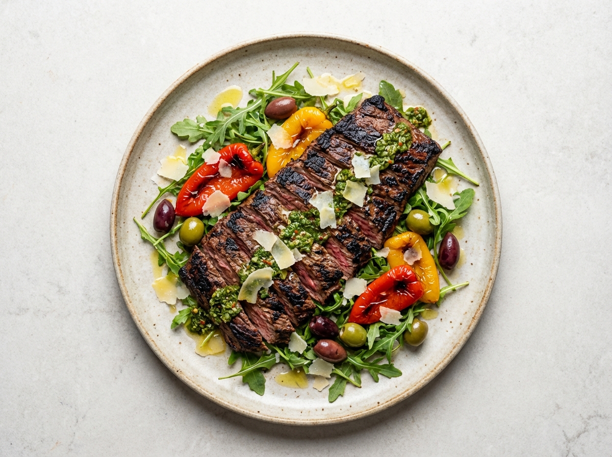 Italian-Style Grilled Skirt Steak with Arugula, Roasted Peppers & Olives